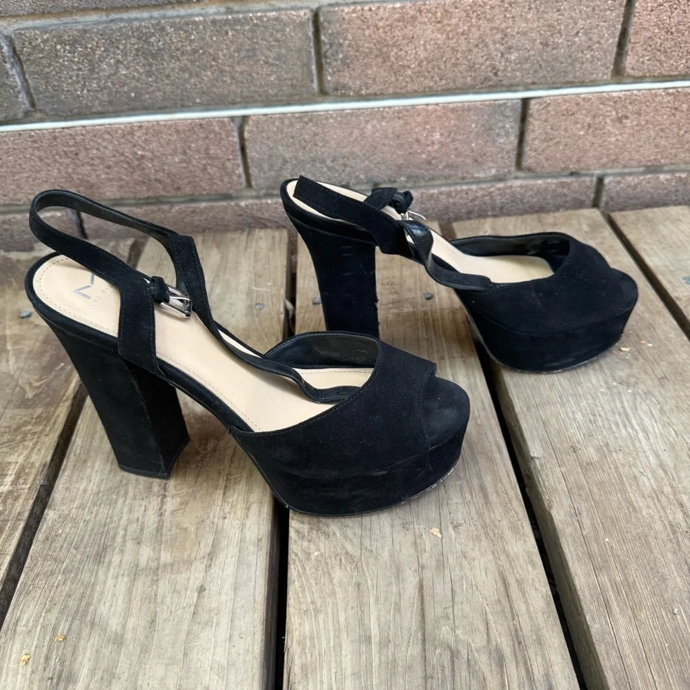 Marc Fisher Stacey Suede Platform Black Open-Toe Heels Size 9.5M